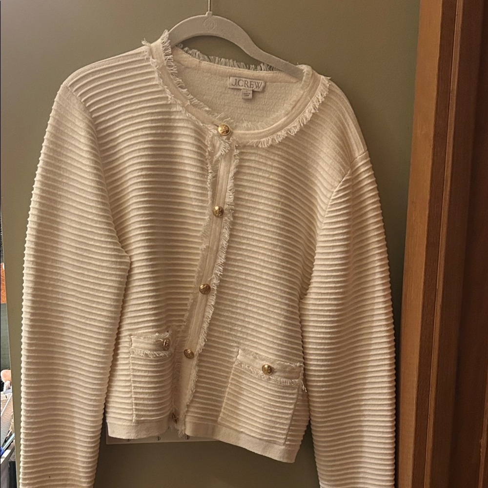 NWOT J. Crew Textured Cream Emilie Cardigan with Gold Buttons Large